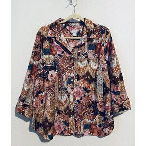Chicos Top Womens XL Artsy Boho Tapestry No Iron Stretch 3/4 Sleeve Button Up
